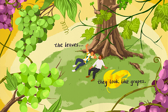 digital drawing of two men sitting under a tree with leaves that look like grapes